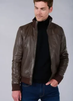 Blouson en cuir à col montant-jerem Store